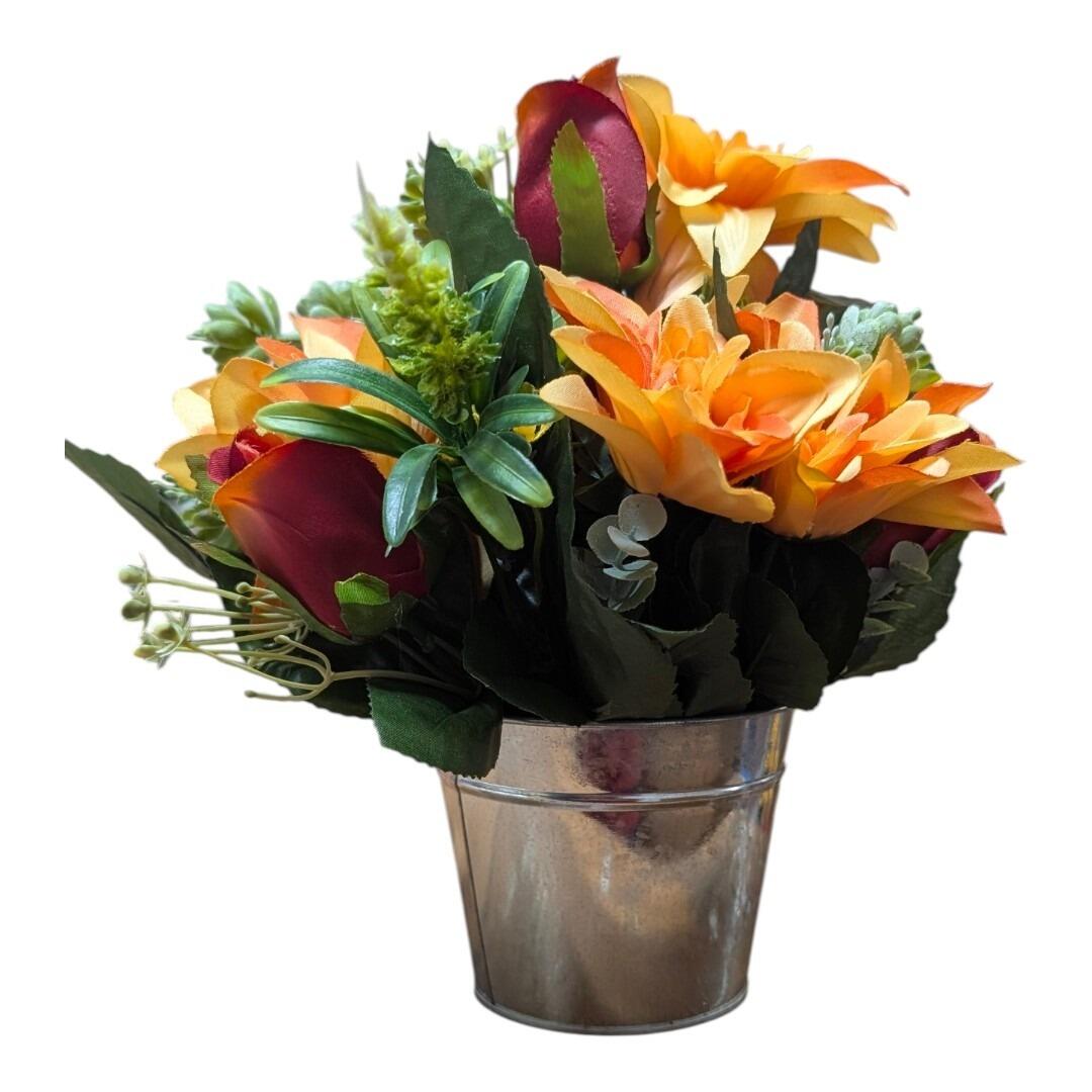 Artificial Metal Plant Pot with Flowers Orange Red Rose Arrangement