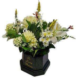 cream lilly grave vase pot with flowers artificial