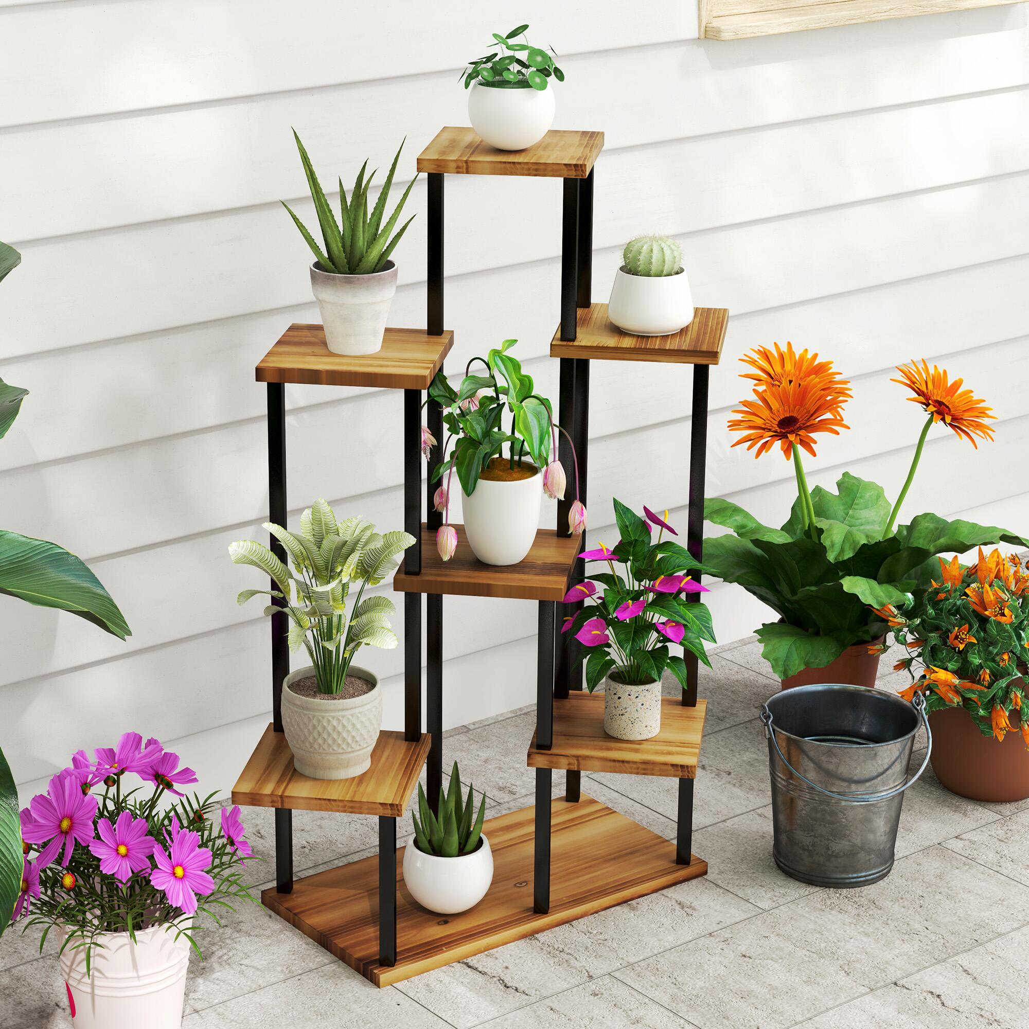 7 Tier Plant Stand Tall Steel Wood Plant Shelf