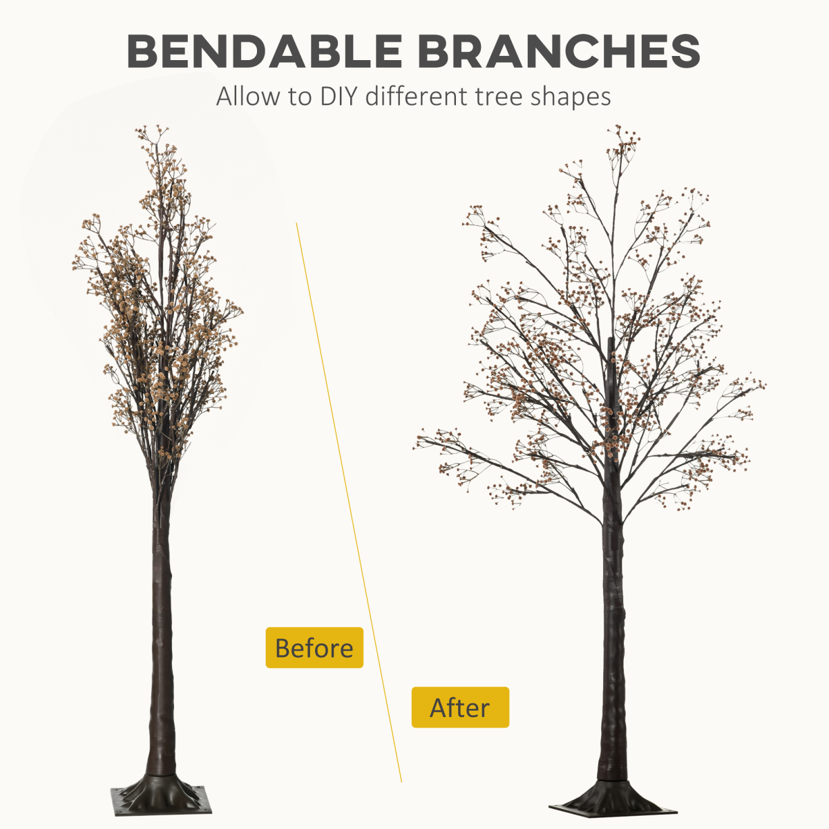 Warm white LED lights and baby breath flowers to decorate the artificial tree Pre-lit design saves your time in arranging the light LED lights consume little energy and are cool to touch The bendable branches allow for DIY tree shape Suitable for indoor and covered outdoor, including home, parties, patio, etc.