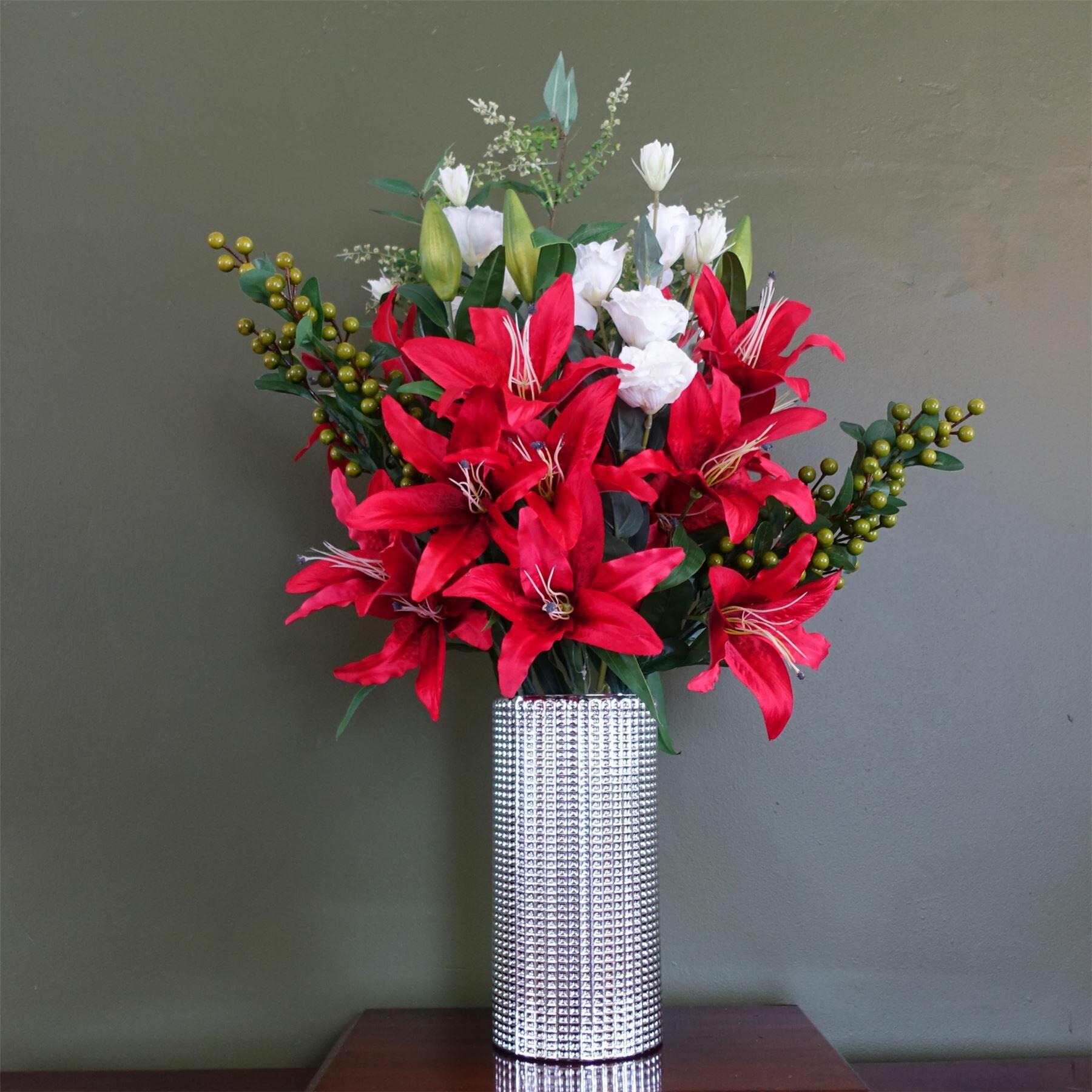 Artificial Red Lily Arrangement Silver Glass Vase