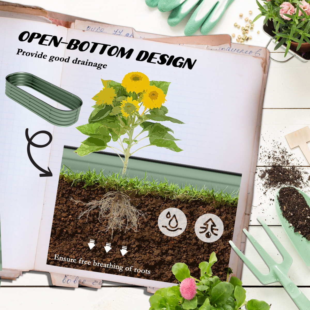 Galvanised Raised Garden Bed Planter Box, Green
