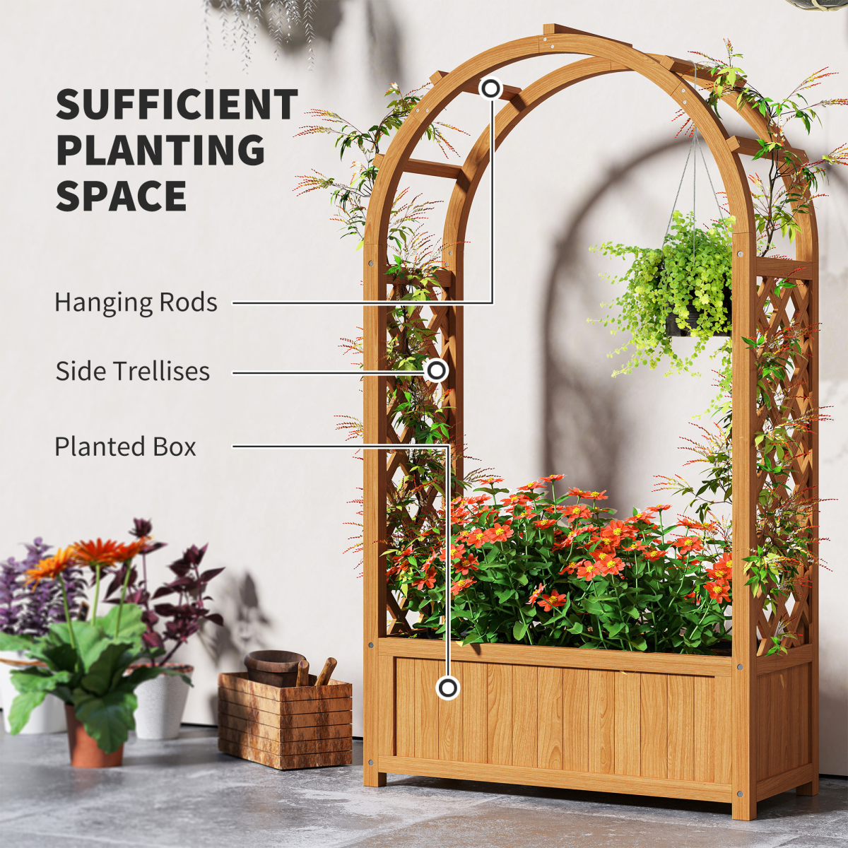 Wooden Raised Garden Bed, Trellis Planter