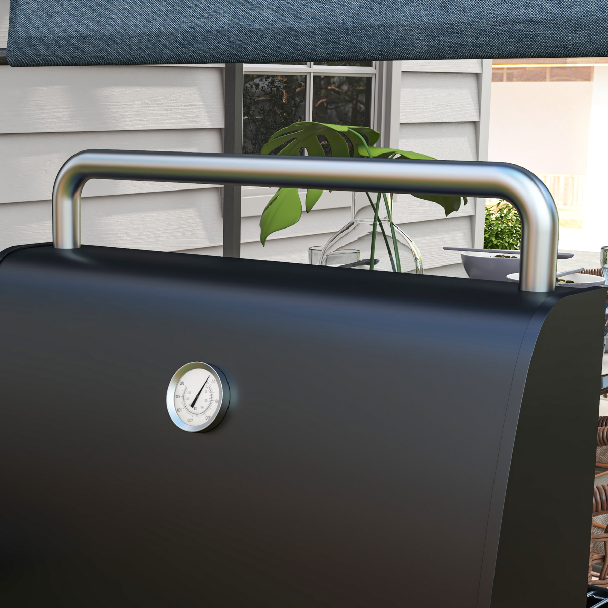 Charcoal Barbecue BBQ Grill Trolley - Shelves, Lid and Thermometer