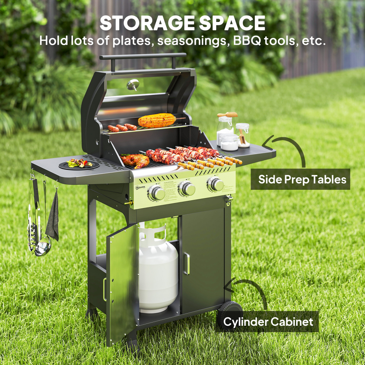 3 Burner Propane Gas BBQ Grill, See-through Lid and Thermometer