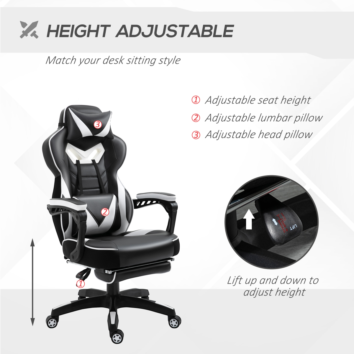 gaming chair ergonomic reclining w manual footrest wheels view 4