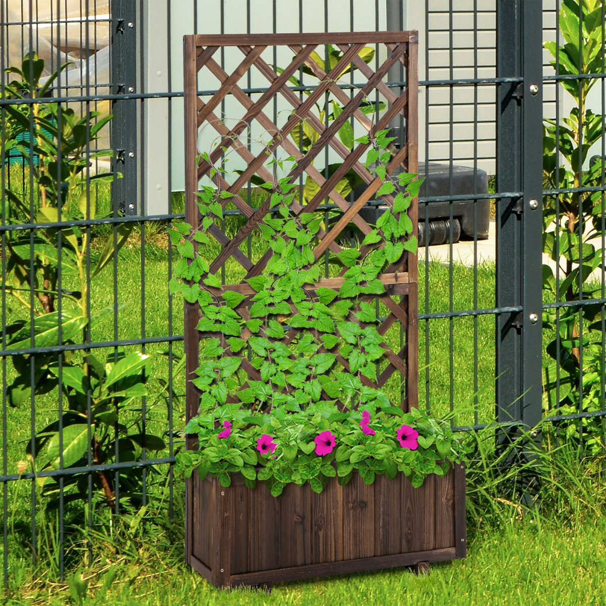 garden wooden pine trough planter with topped trellis view 2