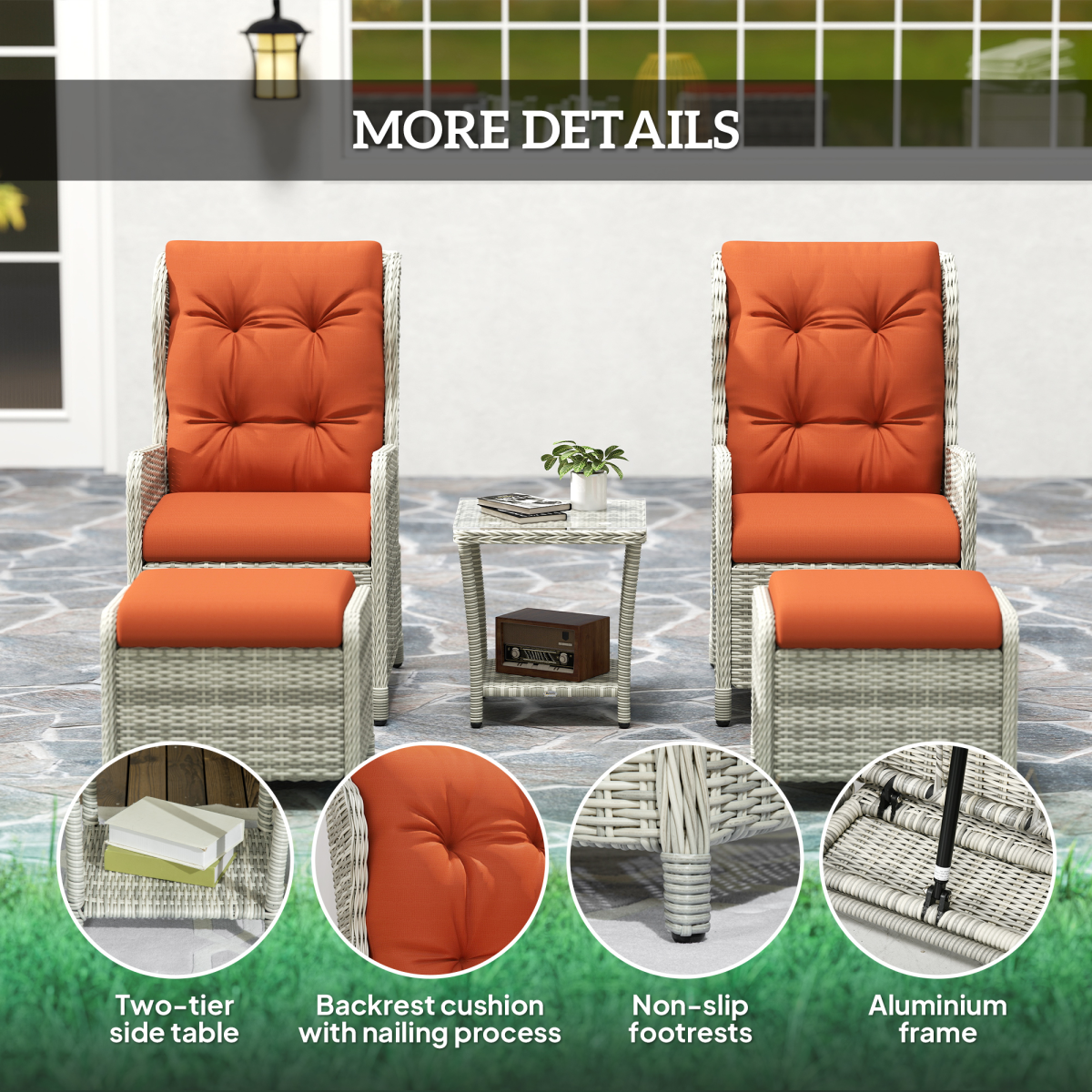outsunny recliner rattan garden furniture w twotier table view 7