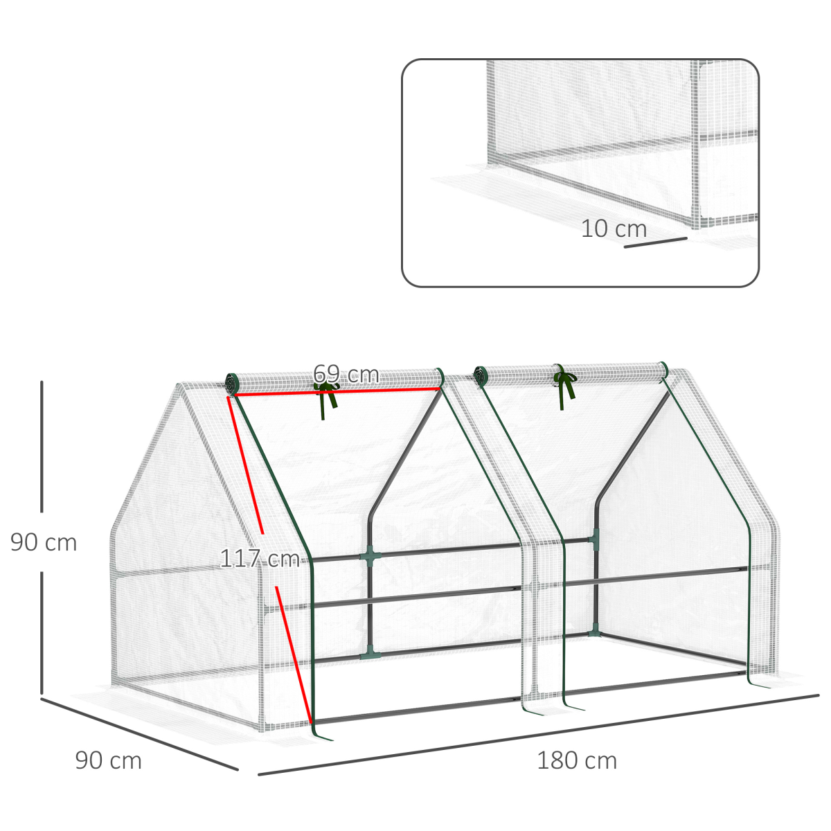 close-up of mini small greenhouse poly tunnel steeple for plants vegetables white details