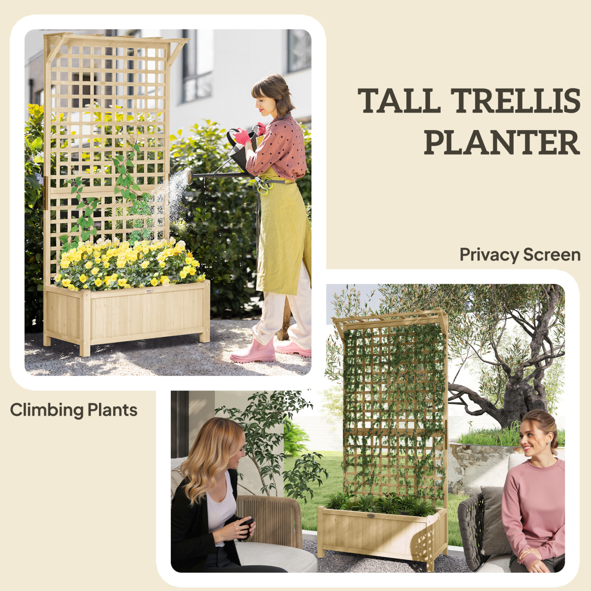 angled view of wood planter with trellis for climbing plants vines planter box natural