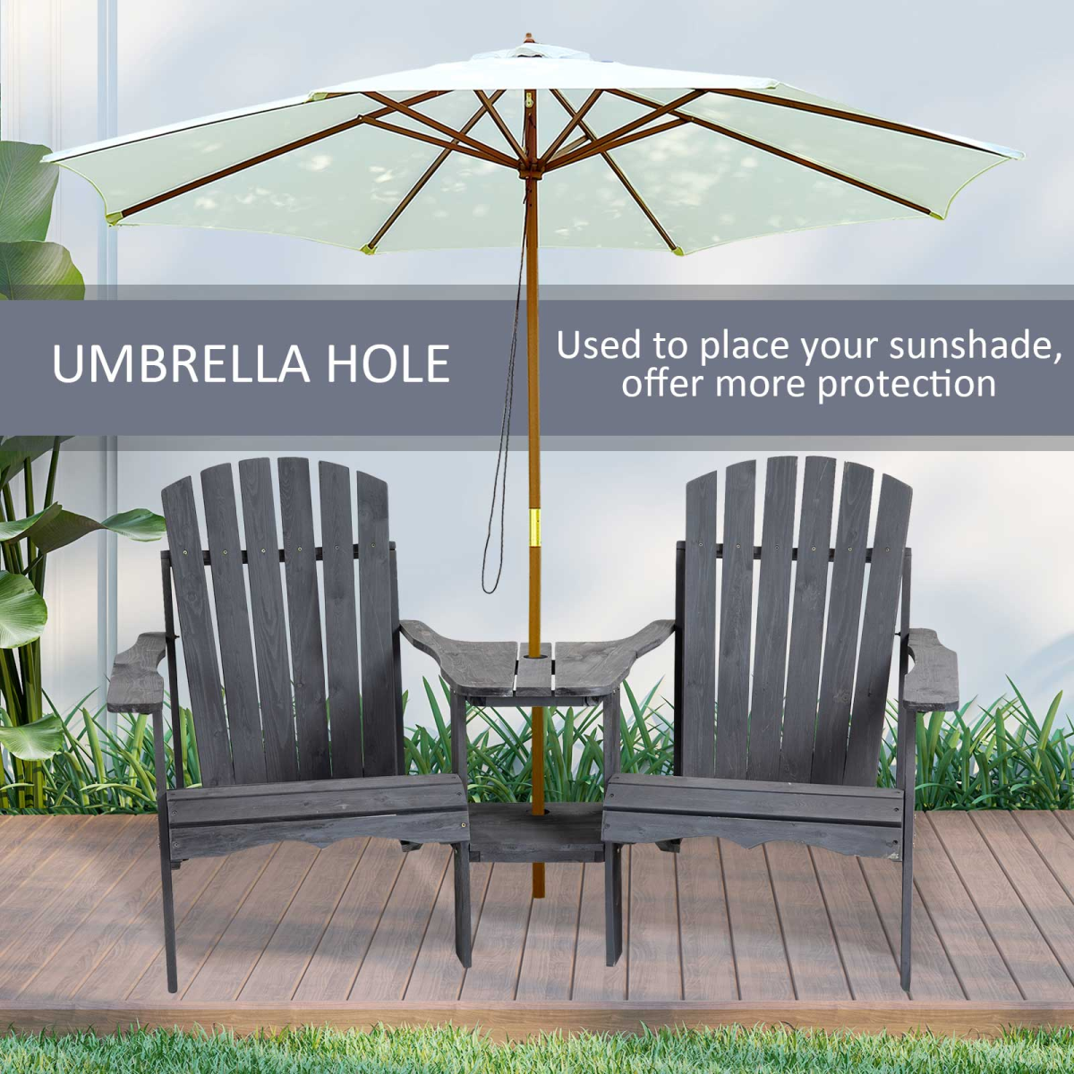 Close-up of wooden double adirondack chairs & centre table & umbrella hole, grey