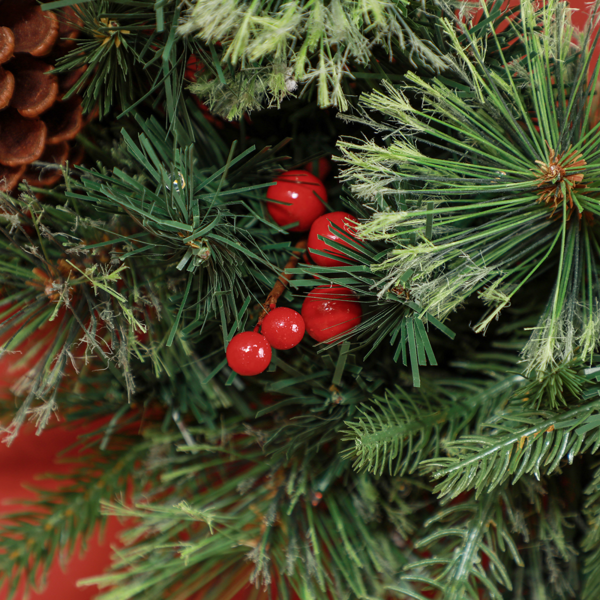picture of 60cm Christmas Wreath with LED Lights Pine Cones Red Berries Green view 1