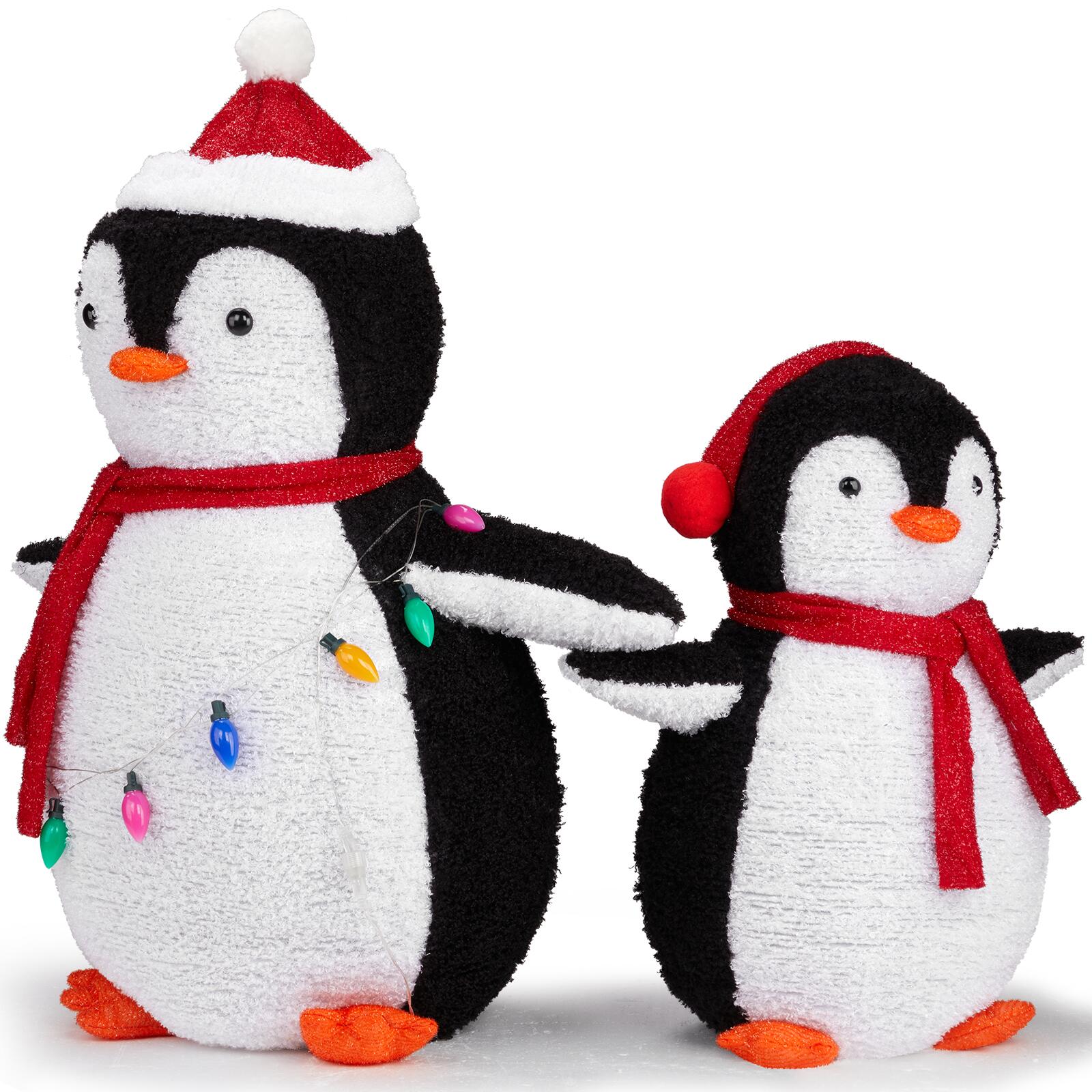 2-Piece Lighted Plush Penguins Christmas, Set of 2 Pre-lit Pull Up Penguins