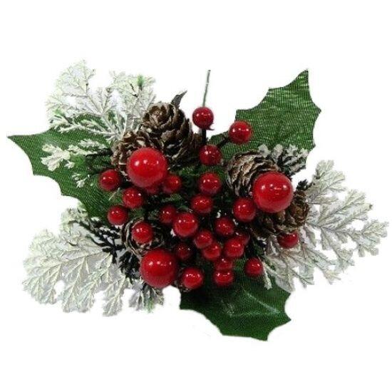 Christmas Artificial Pick with Red Berries and Cone on a pick
