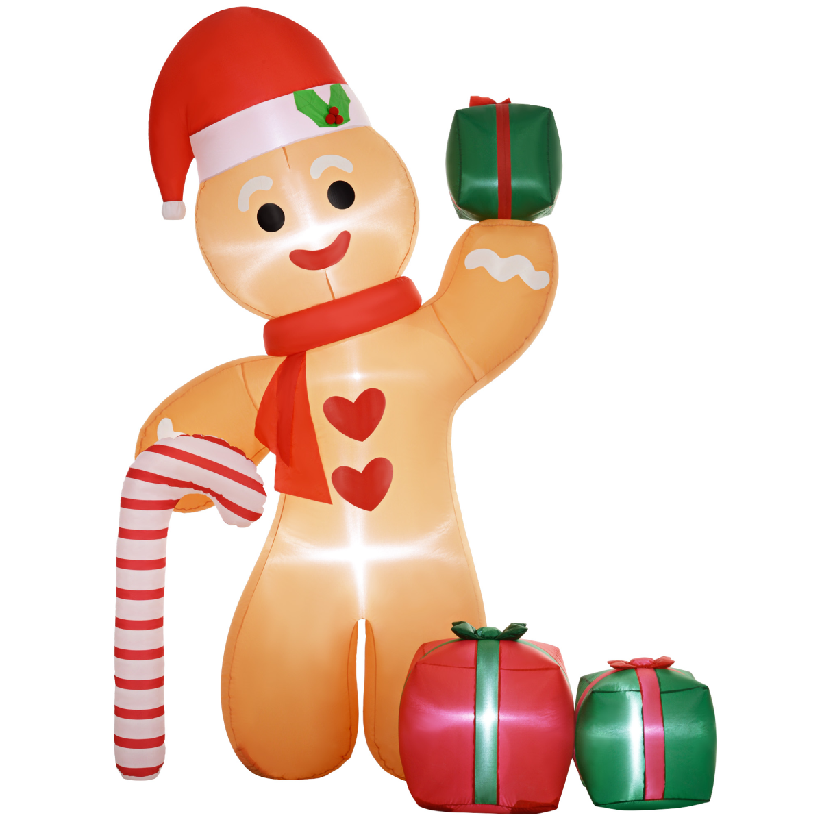 Close-up picture of 8FT Christmas Blow Up Gingerbread Man with Candy Cane for Party on a clean background.