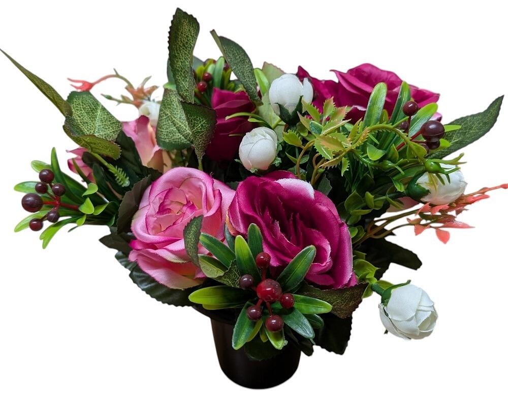 grave vase pot with flowers arrangement includes Roses in mixed pink colours