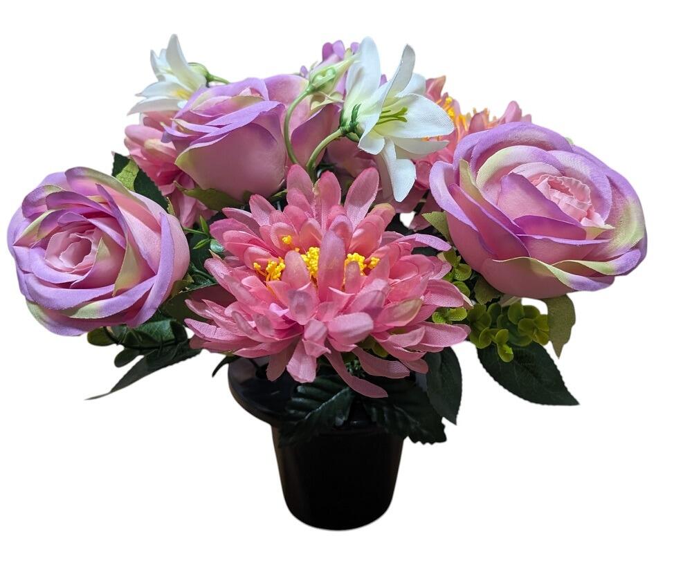 grave pot with flowers artificial pink