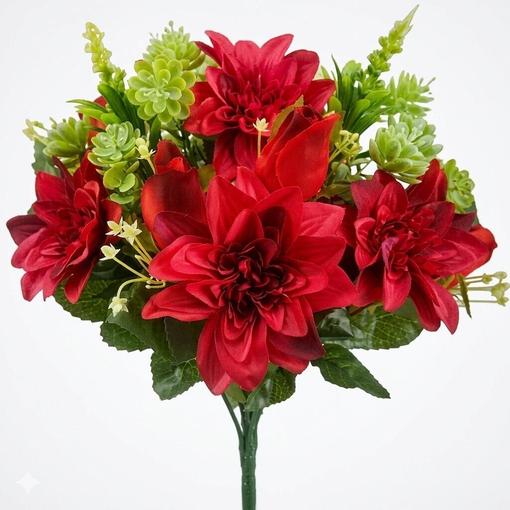 Artificial Flowers 40cm Dahlia and Rosebud Bouquet red
