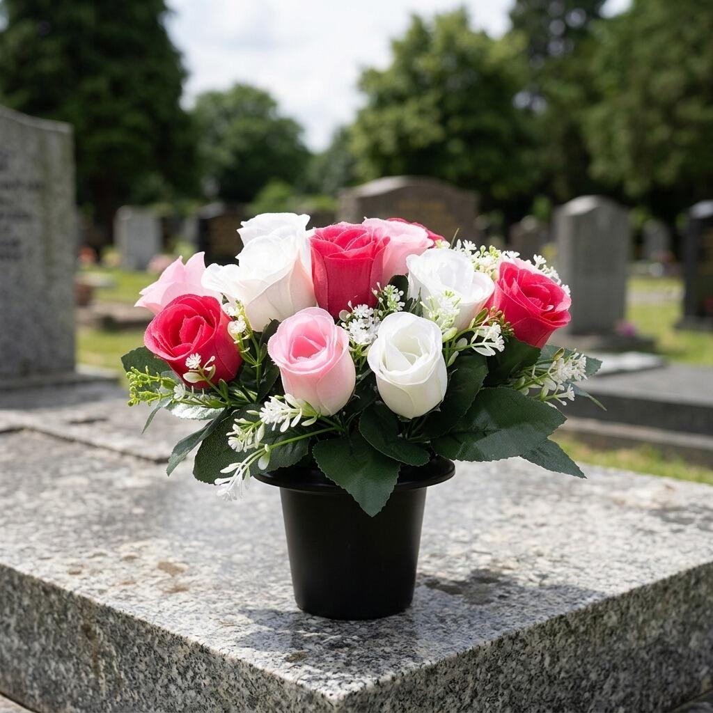 cemetery grave vase pot artificial flowers pink rosebud