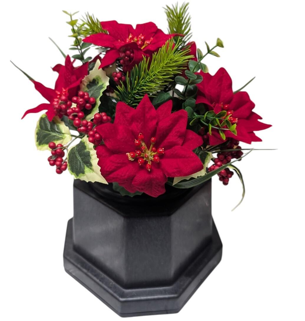 Grave Flower Arrangement in Memorial Base red Poinsettia Mix