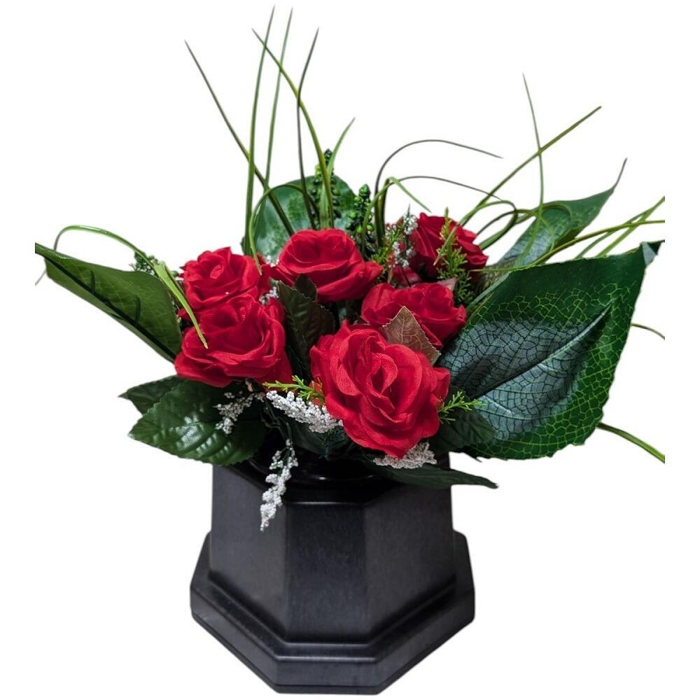 Artificial Grave Flowers in Memorial Base Red Rose and Grass Mix
