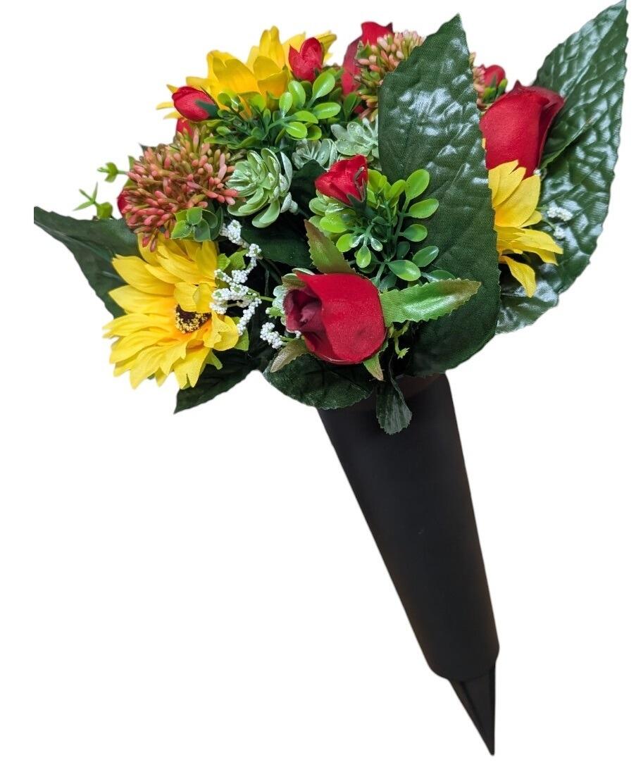 Black Grave Spike with Yellow Sunflowers with Red Roses