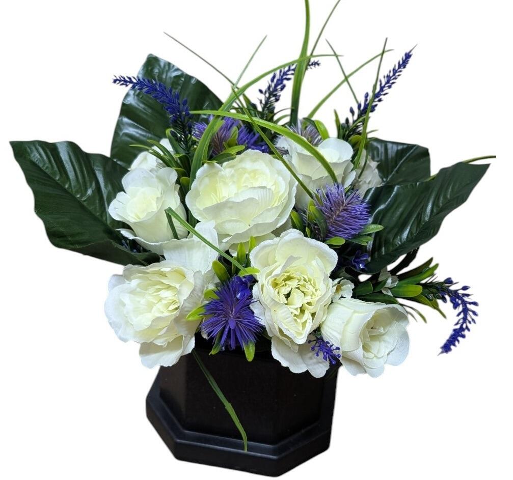 Artificial Grave Flowers in Memorial Base Rose and Peony Mix Ivory