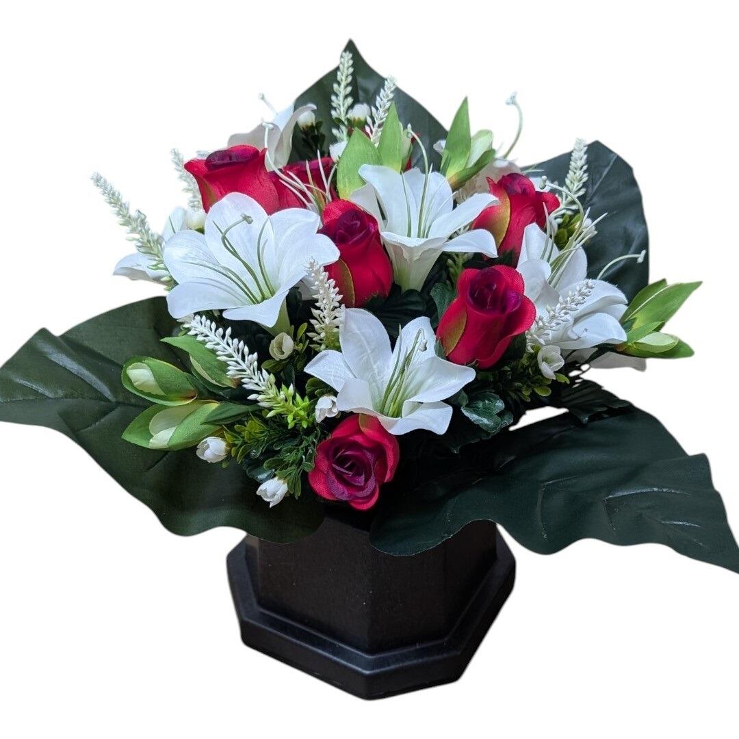 Artificial Grave Flowers in Pot Ivory Lily and Red Rose Mix