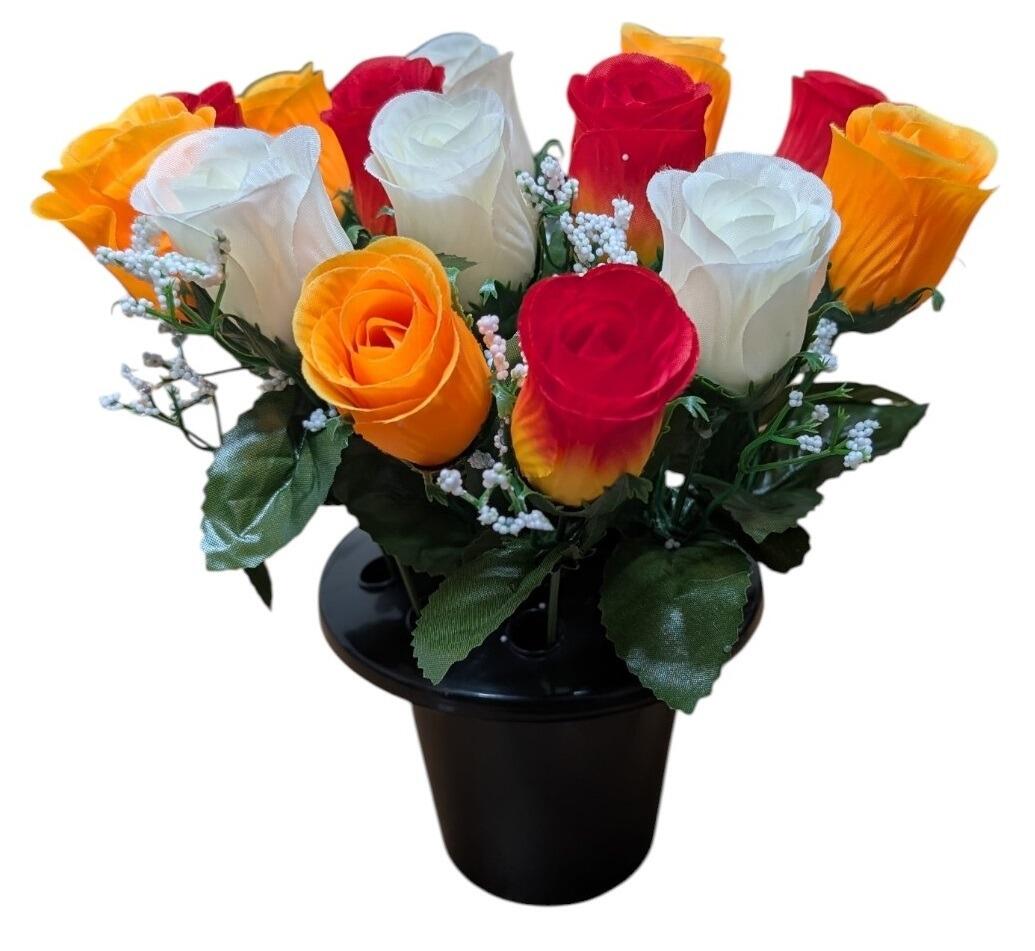 Weighted Grave Flower Vase Pot with Rosebud Artificial Flowers orange red white