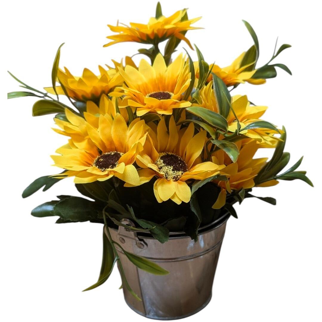 Artificial Metal Plant Pot with Flowers Yellow sunflowers