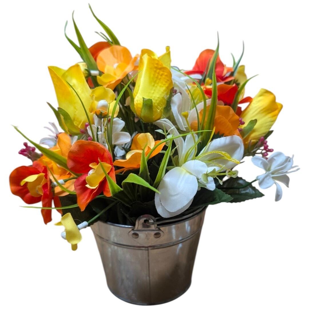 Artificial Metal Plant Pot with Flowers Alstro, Rosebud and Orchid Mix