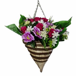 artificial flowers in outdoor hanging basket bamboo