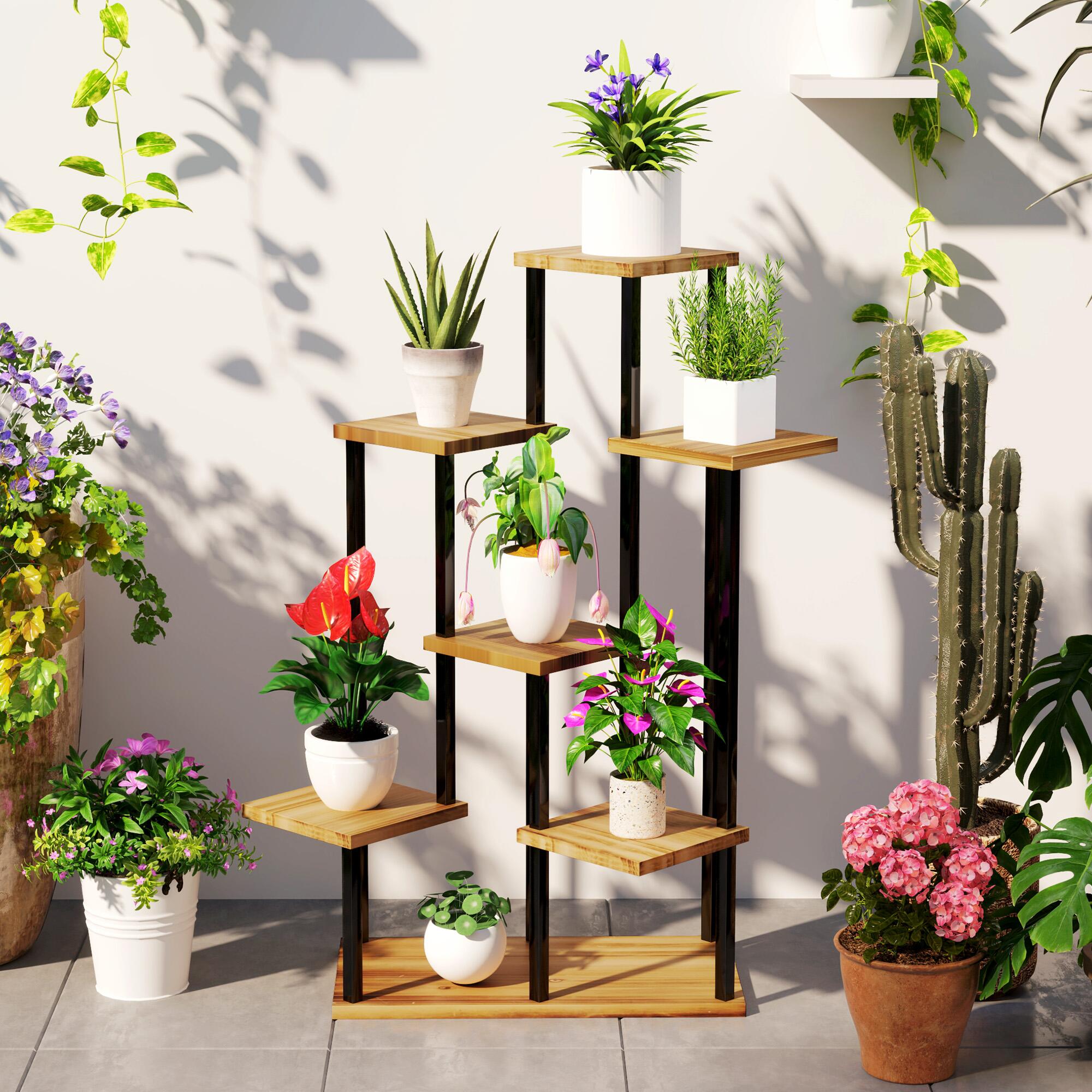 7 Tier Plant Stand Tall Steel Wood Plant Shelf