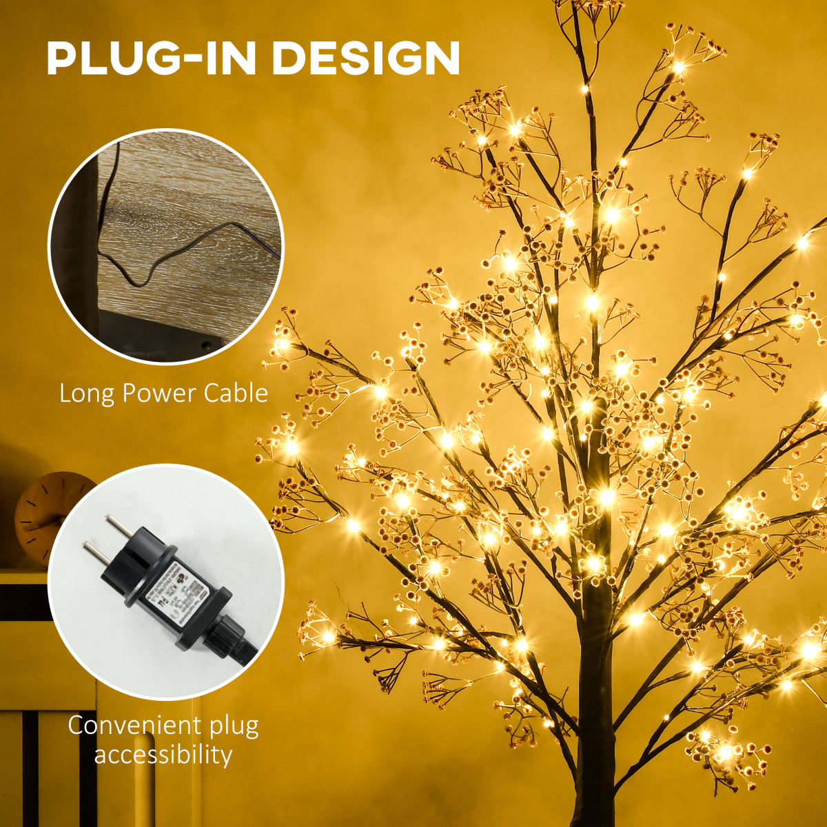 Warm white LED lights and baby breath flowers to decorate the artificial tree Pre-lit design saves your time in arranging the light LED lights consume little energy and are cool to touch The bendable branches allow for DIY tree shape Suitable for indoor and covered outdoor, including home, parties, patio, etc.