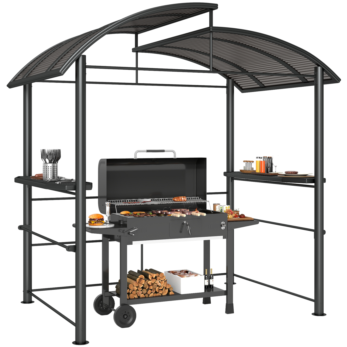 BBQ Patio Canopy Gazebo with Polycarbonate Roof 2 Shelves