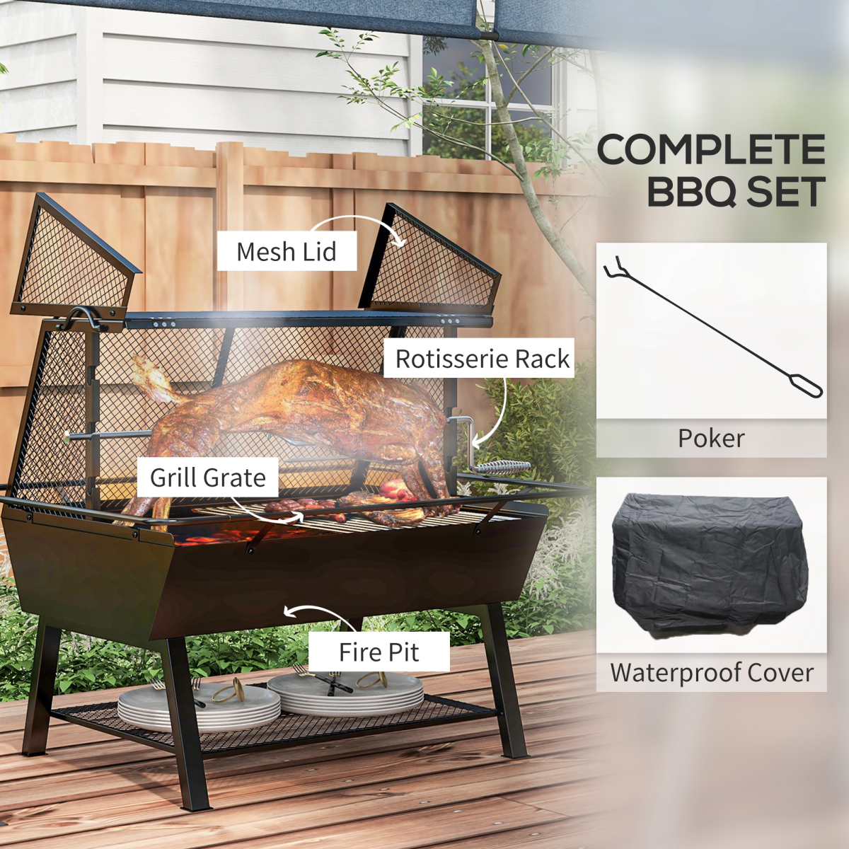 3-in-1 BBQ Rotisserie Grill Roaster Fire Pit for Outdoor