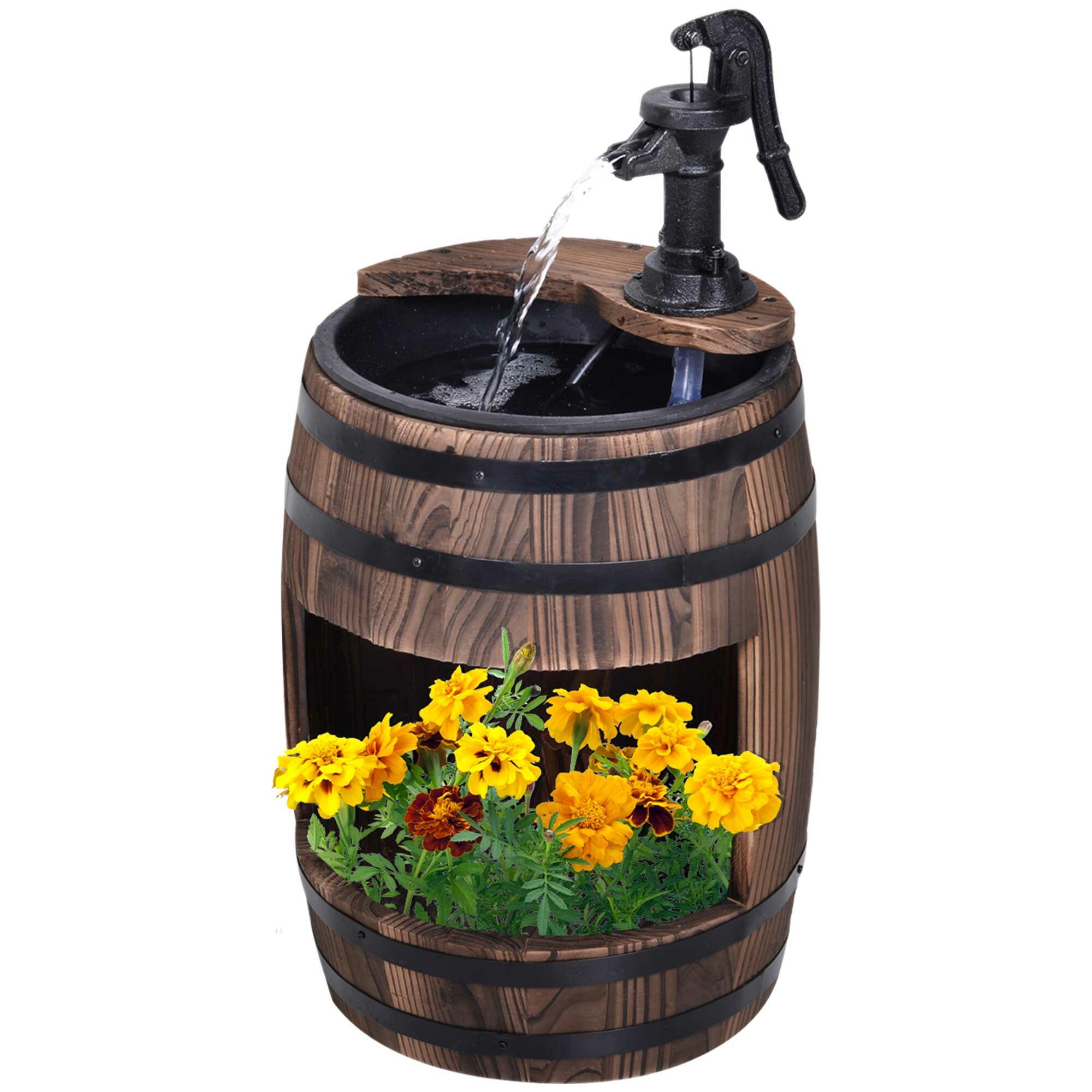 outsunny wood barrel pump garden fountain water feature