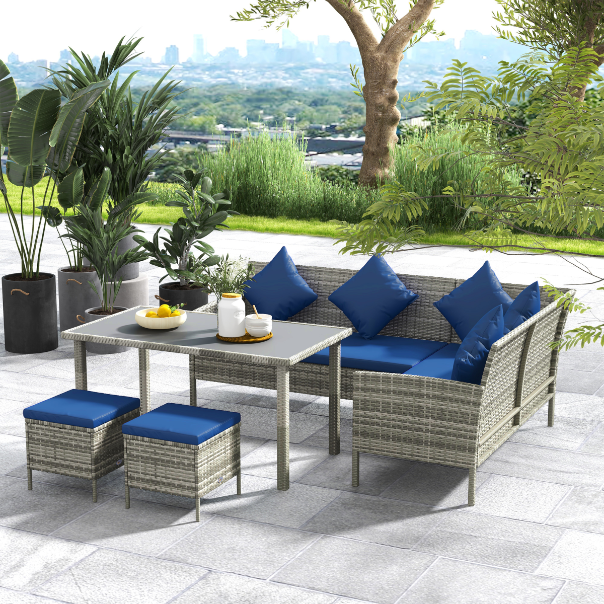 outsunny 5pcs rattan dining corner sofa set, garden