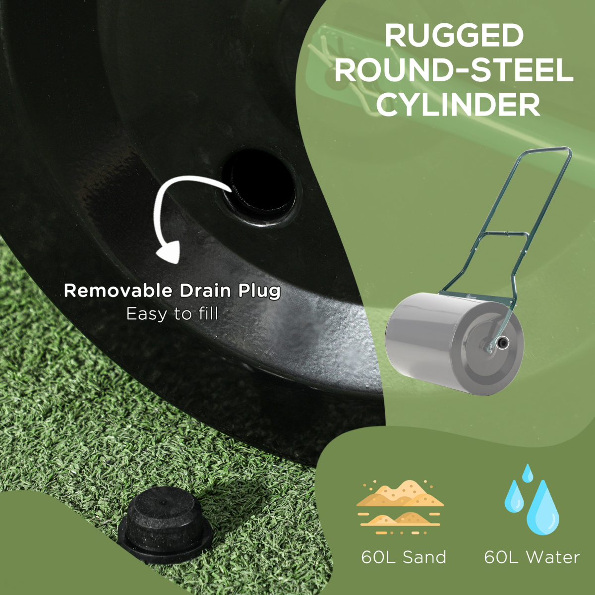 60l steel garden roller push pull w/ fillable