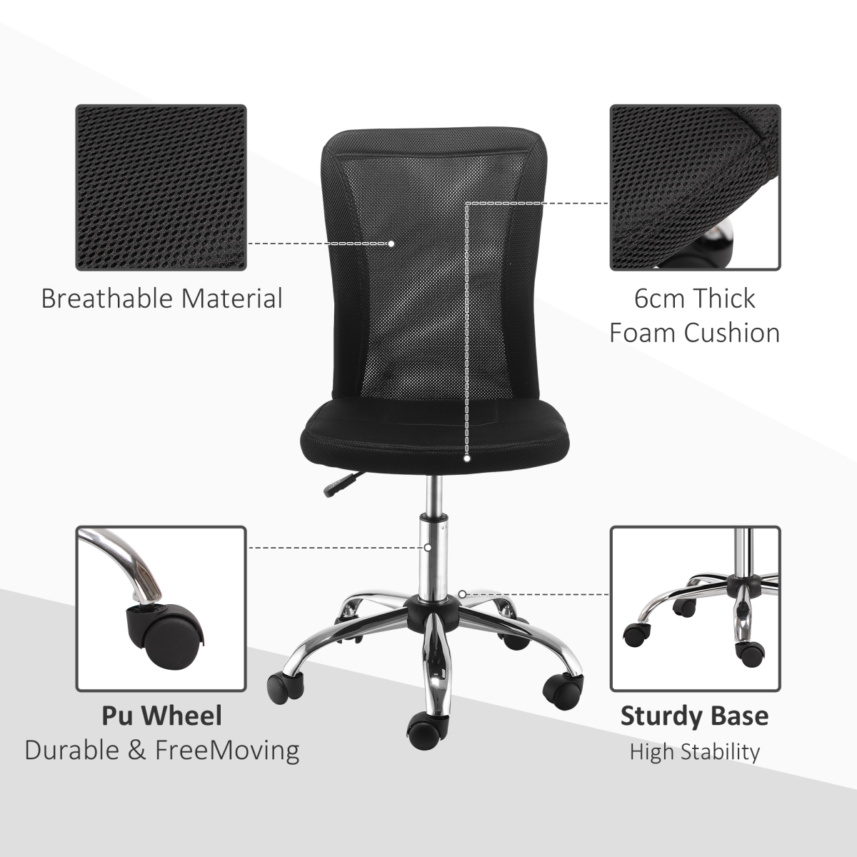armless office chair ergonomic padded height adjustable mesh view 4