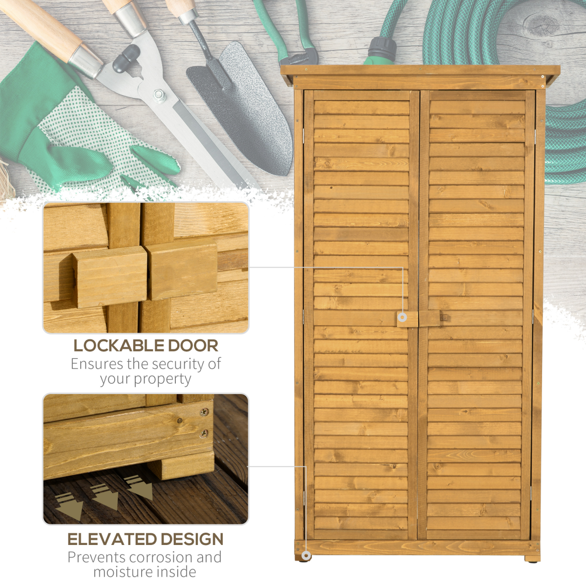 wooden garden storage shed unit 3tier shelves tool view 6