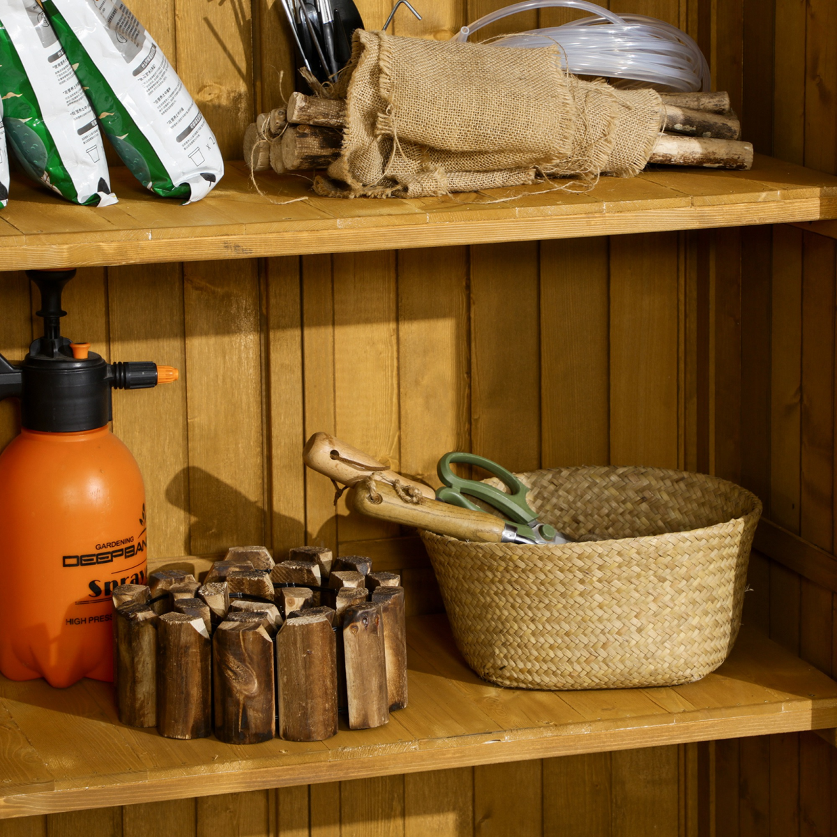 wooden garden storage shed unit 3tier shelves tool view 9