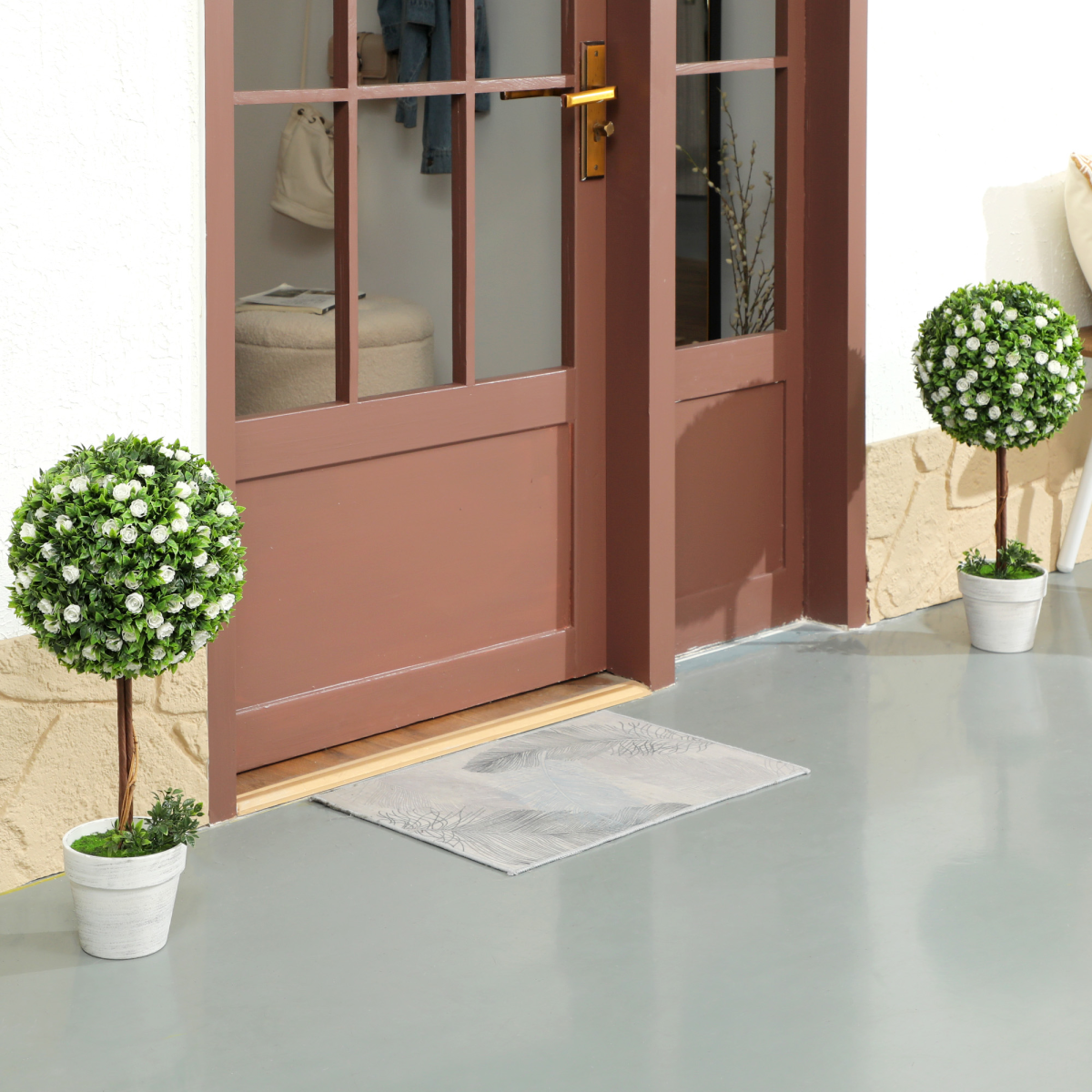 image of set of 2 artificial plants with rose flower in pot, 60cm view 1