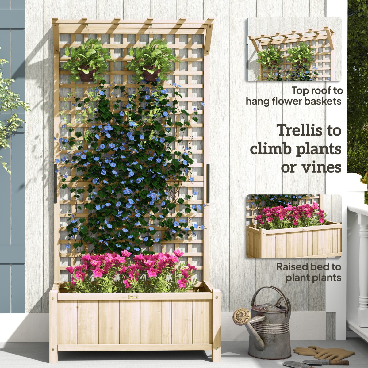 product image showing wood planter with trellis for climbing plants vines planter box natural in use