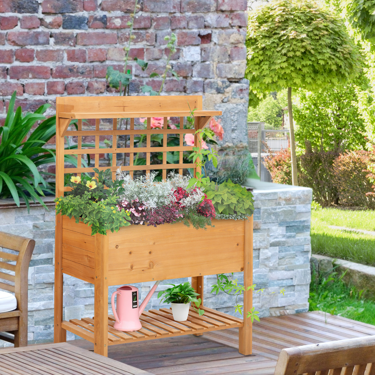105x40x135cm Wooden Planter Raised Elevated Bed Planter Flower with 2 Shelves alternative style 2