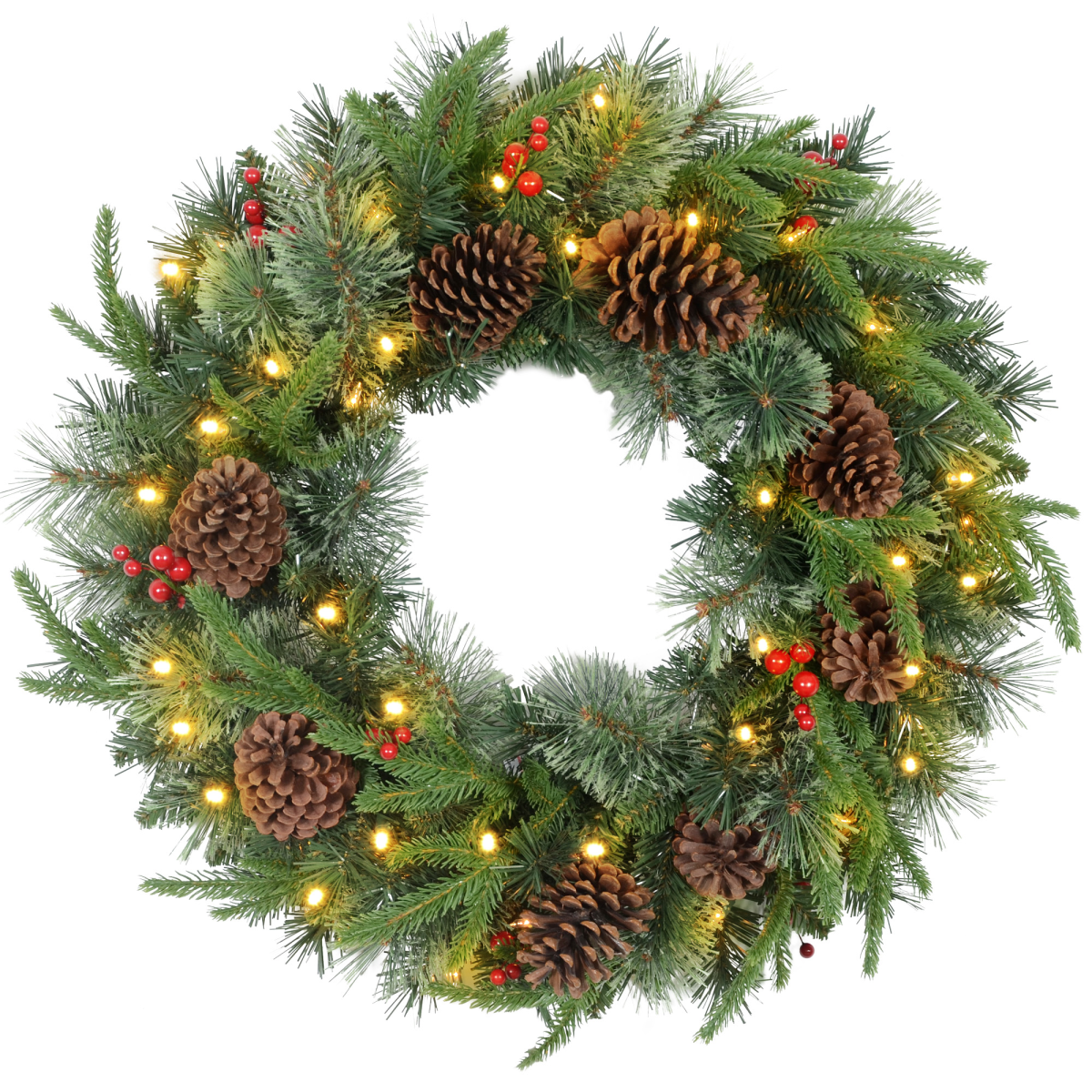 picture of 60cm Christmas Wreath with LED Lights Pine Cones Red Berries Green