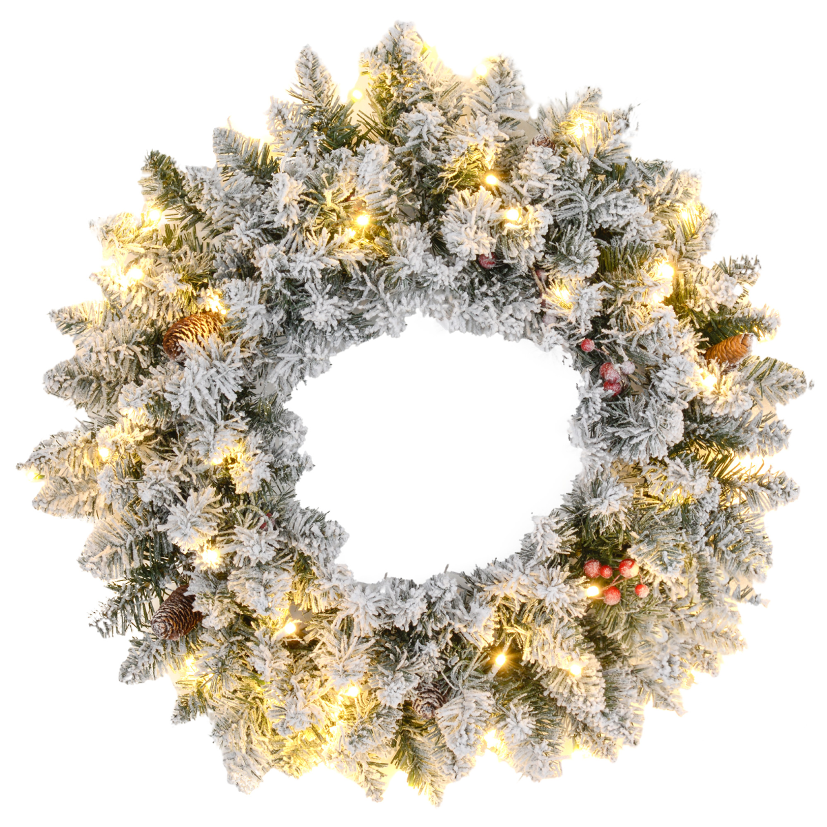 picture of 60cm Flocked Christmas Wreath with Lights Pine Cones Red Berries Green
