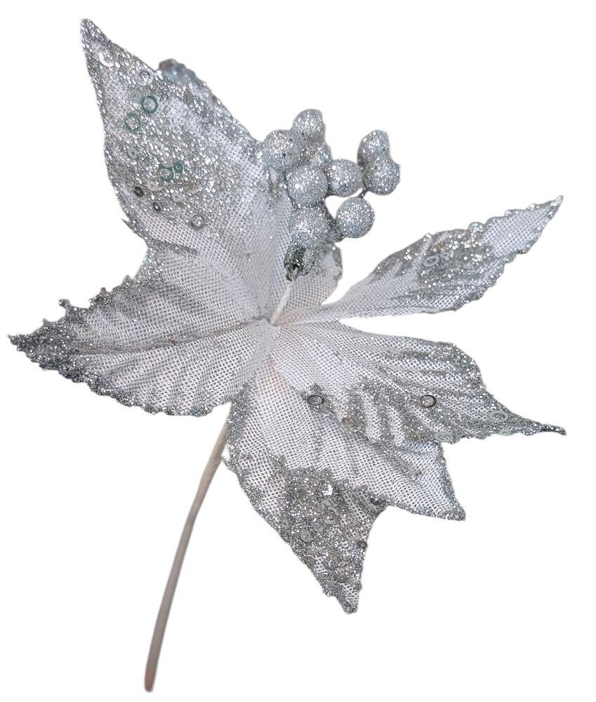 silver glittered poinsettia christmas pick large artificial