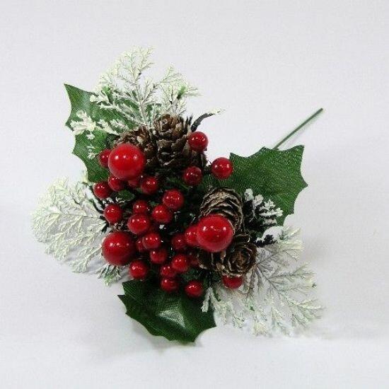 Christmas Artificial Pick with Red Berries and Cone on a pick
