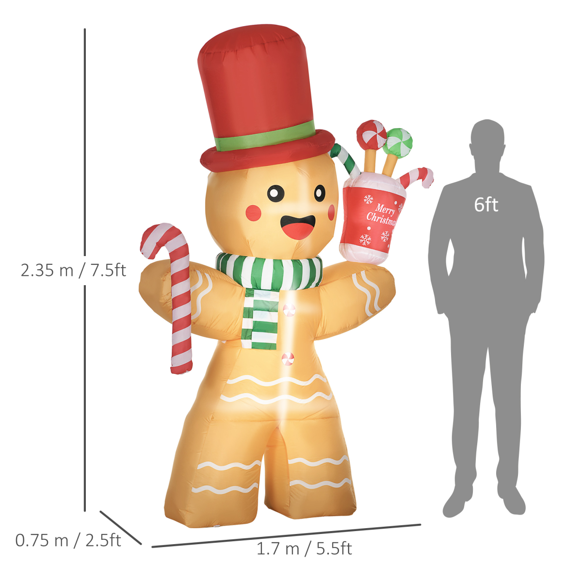 Detailed image of 7.5FT Christmas Inflatables Gingerbread Man with Candy Cane LED Lights, highlighting build and finish.